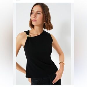 Hyacinth House Asymmetrical Black Top with gold detail